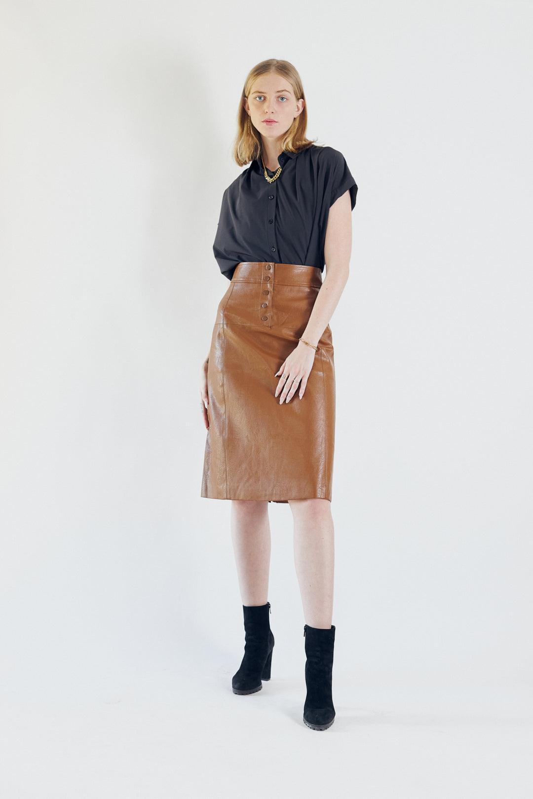 Glossy Brown Vegan Leather Pencil Skirt – Vegan Skirt, Leather Look